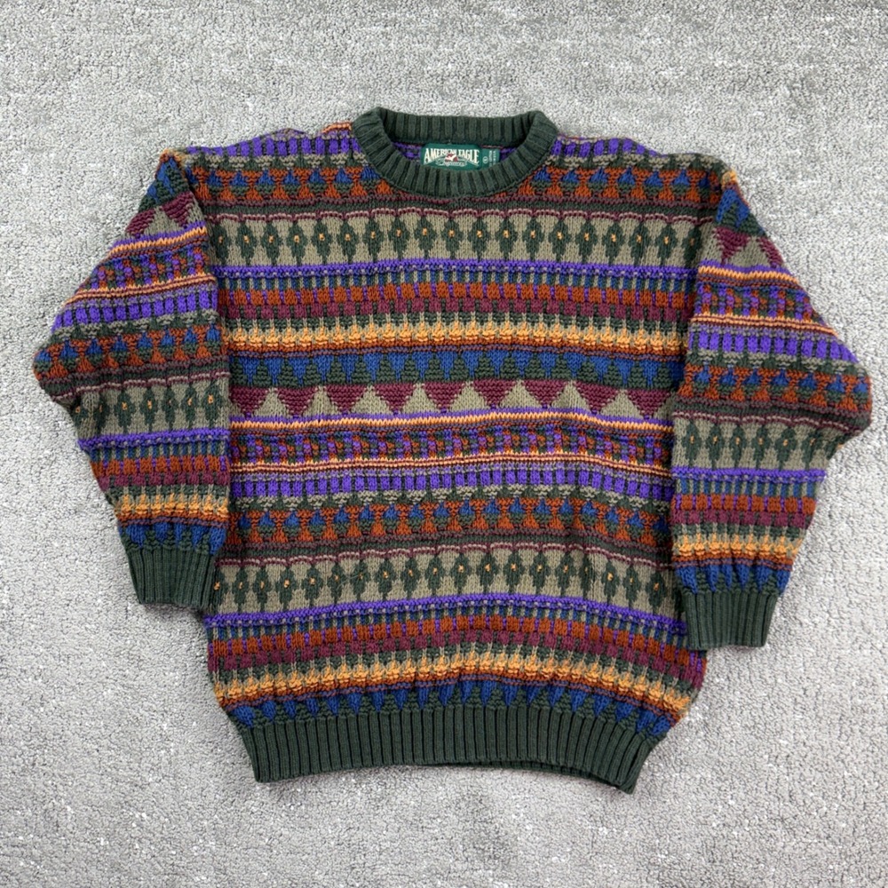 Vintage 90s American Eagle Mens L Coogi Style Geometric Knit Sweater Grandpa